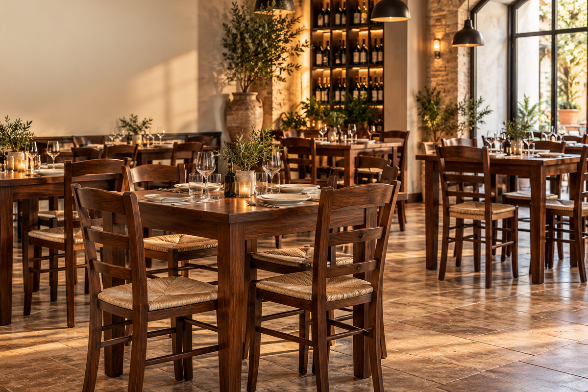 Arredamento ristorante con sedie in legno e tavoli coordinati in sala trattoria