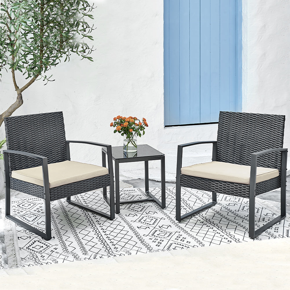 Set 3 Pezzi Polyrattan da Giardino con 2 Poltrone 1 Tavolo Nero e Tortora Bistrot