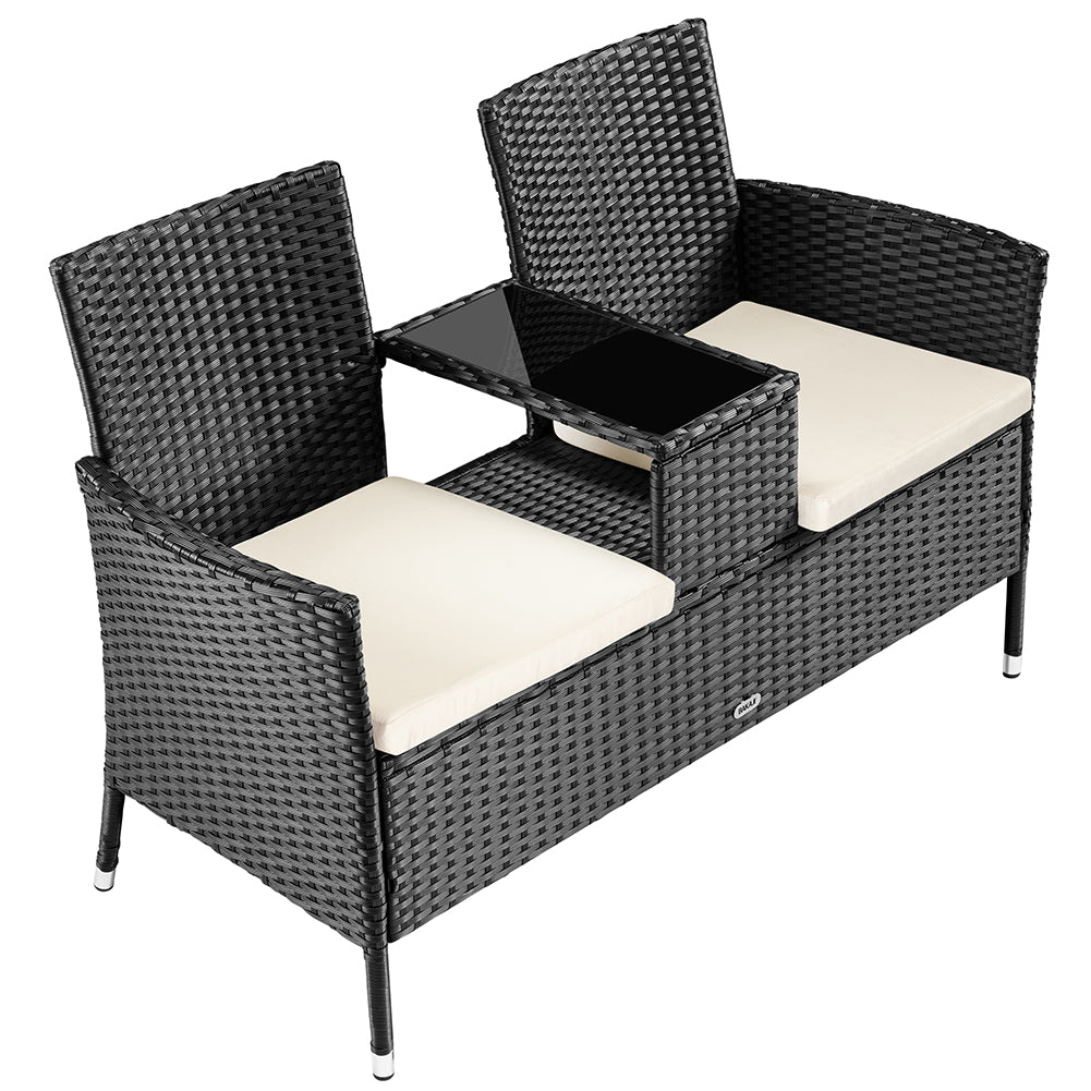 Divano Panca da Giardino Nero in Polyrattan Panchina Divanetto con Ripiano Vetro