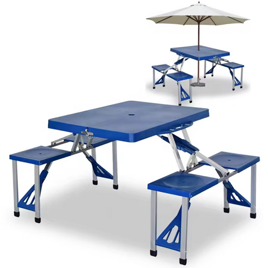 Set Tavolo Tavolino Pieghevole Pic Nic Campeggio Alluminio Con 4 Sgabelli Blu - Arredo Esterno