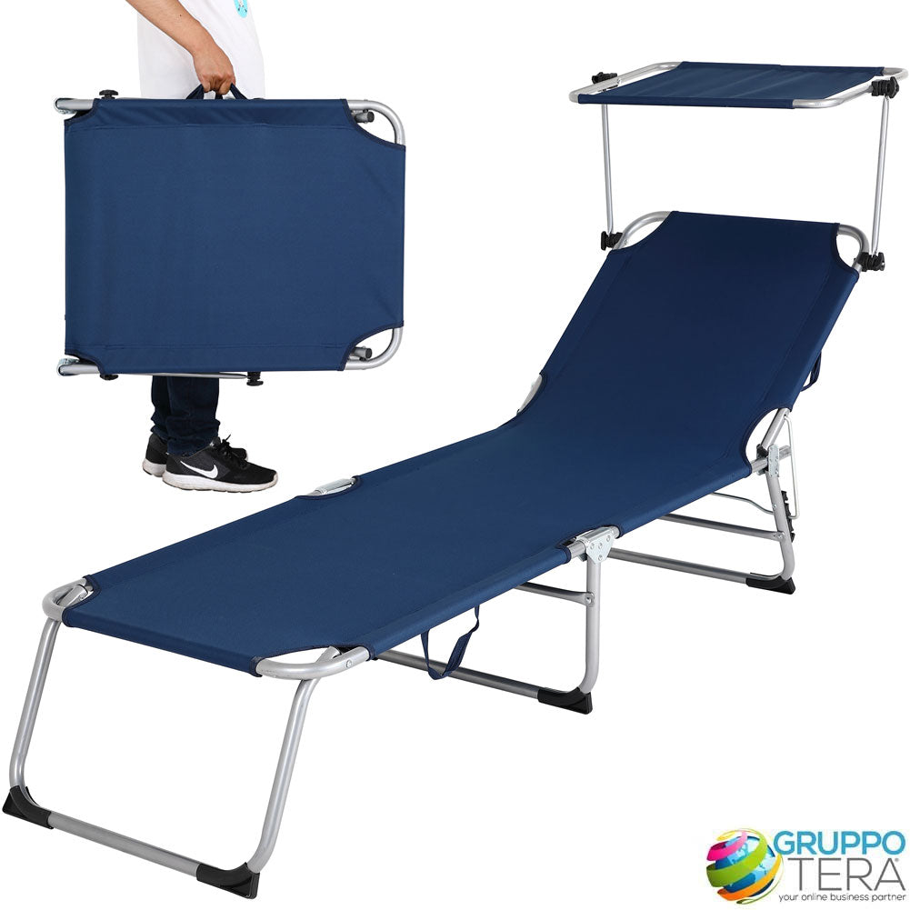 Lettino Prendisole con Tettuccio Parasole Sdraio Mare BLU 3 Posizioni Pieghevole - Arredo Esterno