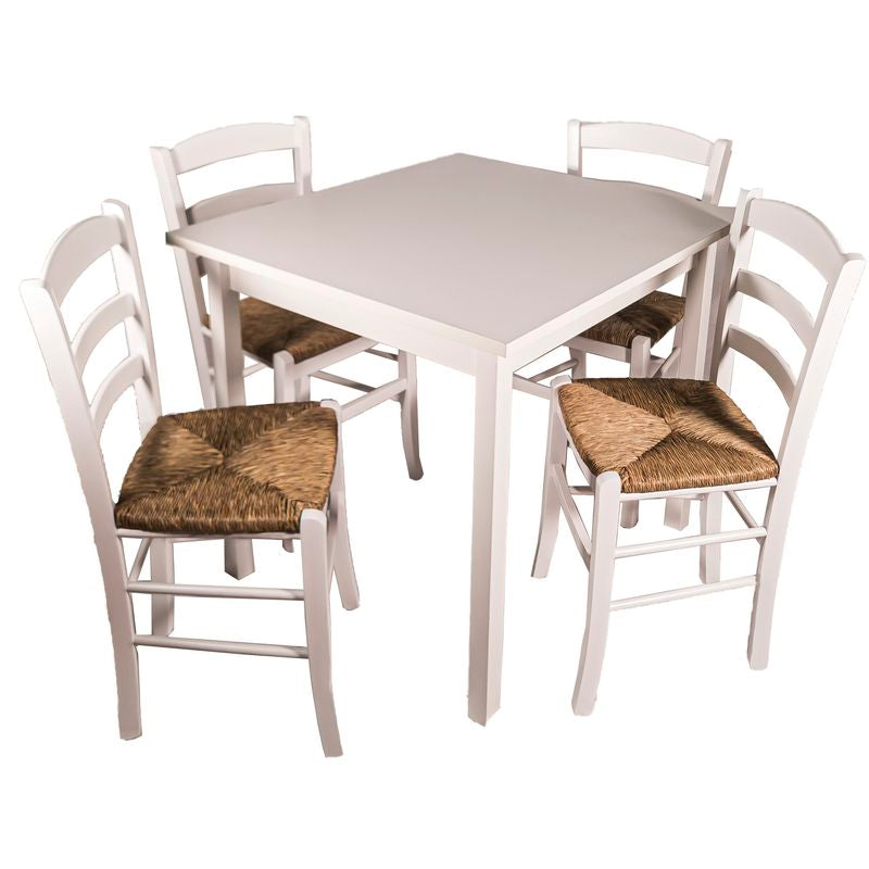 Set tavolo bianco 80x80 cm + 4 sedie paesana paglia bianche