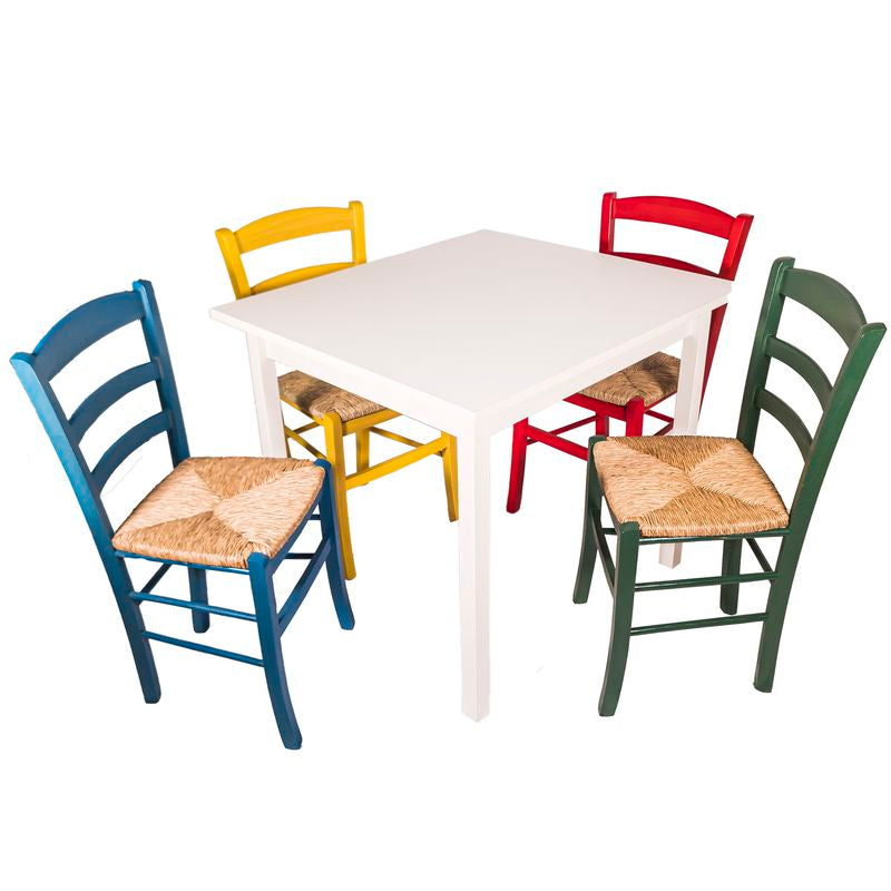 Set tavolo bianco 80x80 cm + 4 sedie paesana paglia colorate