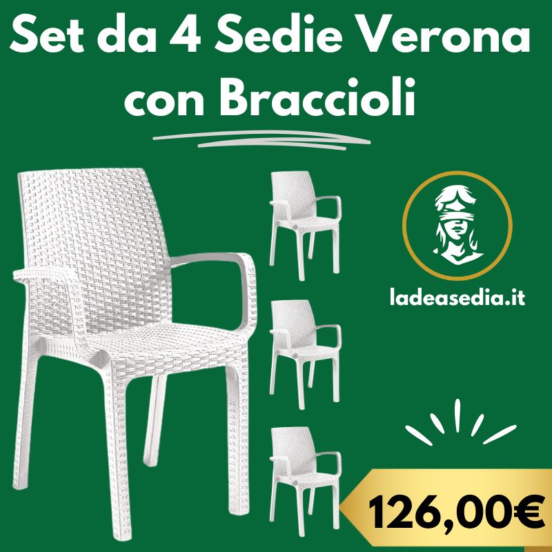 4 Poltrone Sedie Verona con Braccioli effetto rattan Bianca