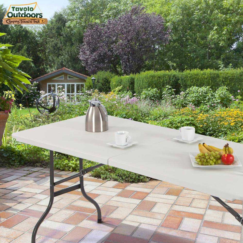 Tavolo Pieghevole in Resina 183x76x72cm Metallo Richiudibile a Valigetta Bianco 4