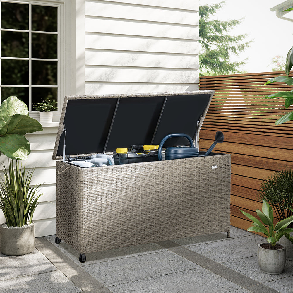 Baule Portaoggetti da Giardino Cassapanca Polyrattan Impermeabile 2 Ruote Crema 5