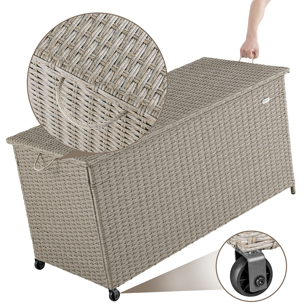 Baule Portaoggetti da Giardino Cassapanca Polyrattan Impermeabile 2 Ruote Crema 4