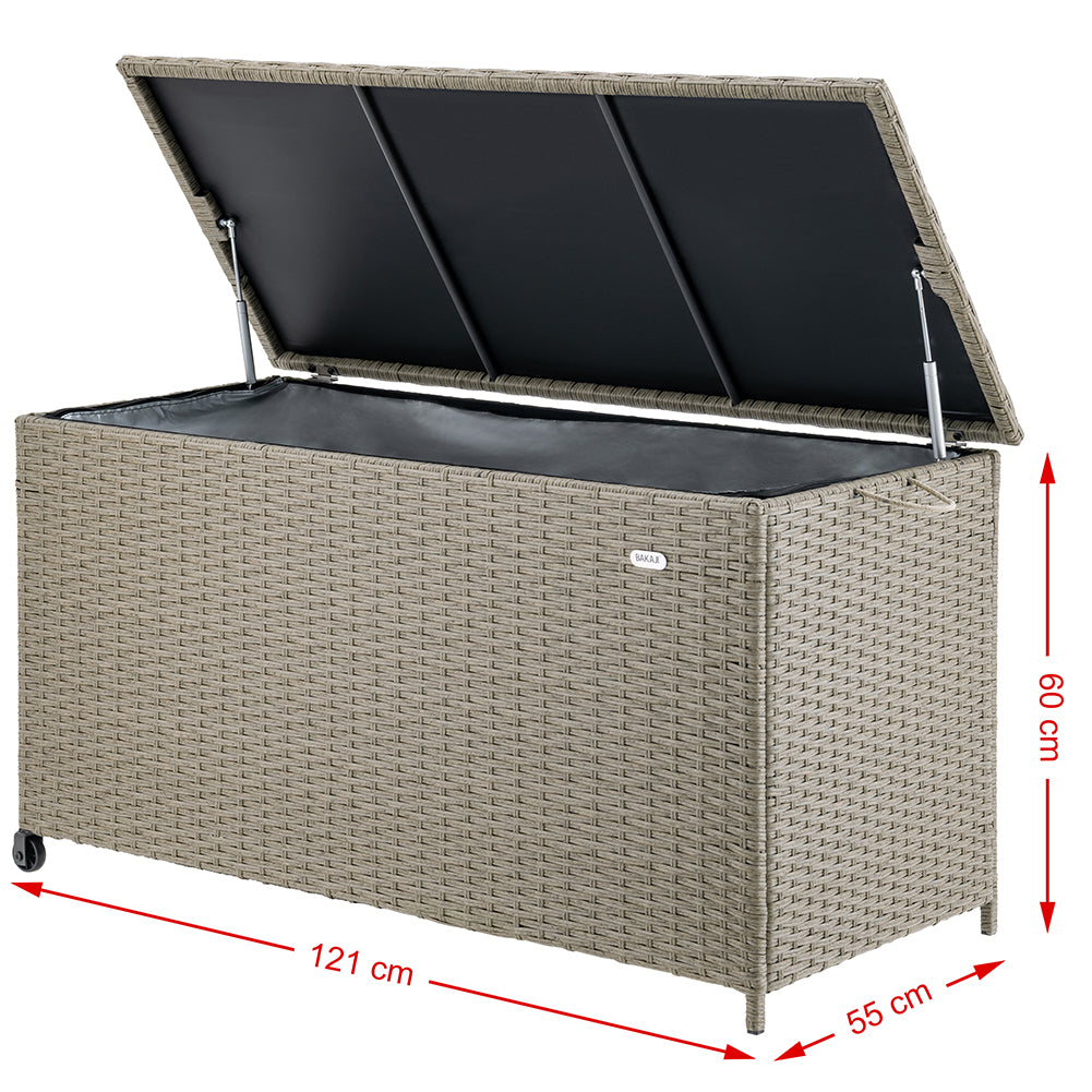 Baule Portaoggetti da Giardino Cassapanca Polyrattan Impermeabile 2 Ruote Crema