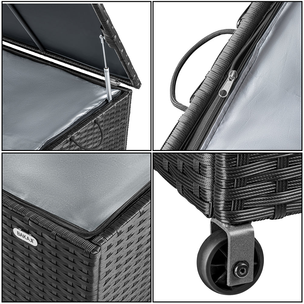 Baule Portaoggetti da Giardino Cassapanca Polyrattan Impermeabile 2 Ruote Nero 3