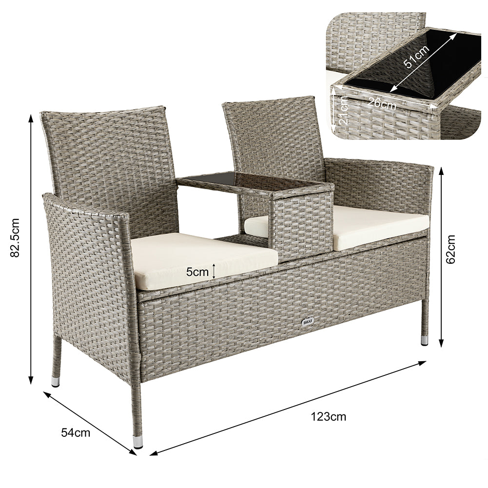 Divano Panca da Giardino Crema in Polyrattan Panchina Divanetto con Ripiano Vetro 5