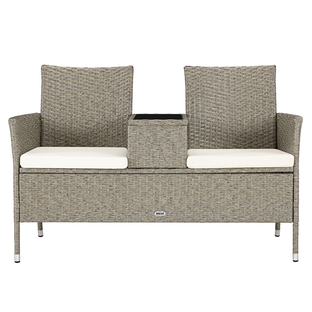 Divano Panca da Giardino Crema in Polyrattan Panchina Divanetto con Ripiano Vetro 4