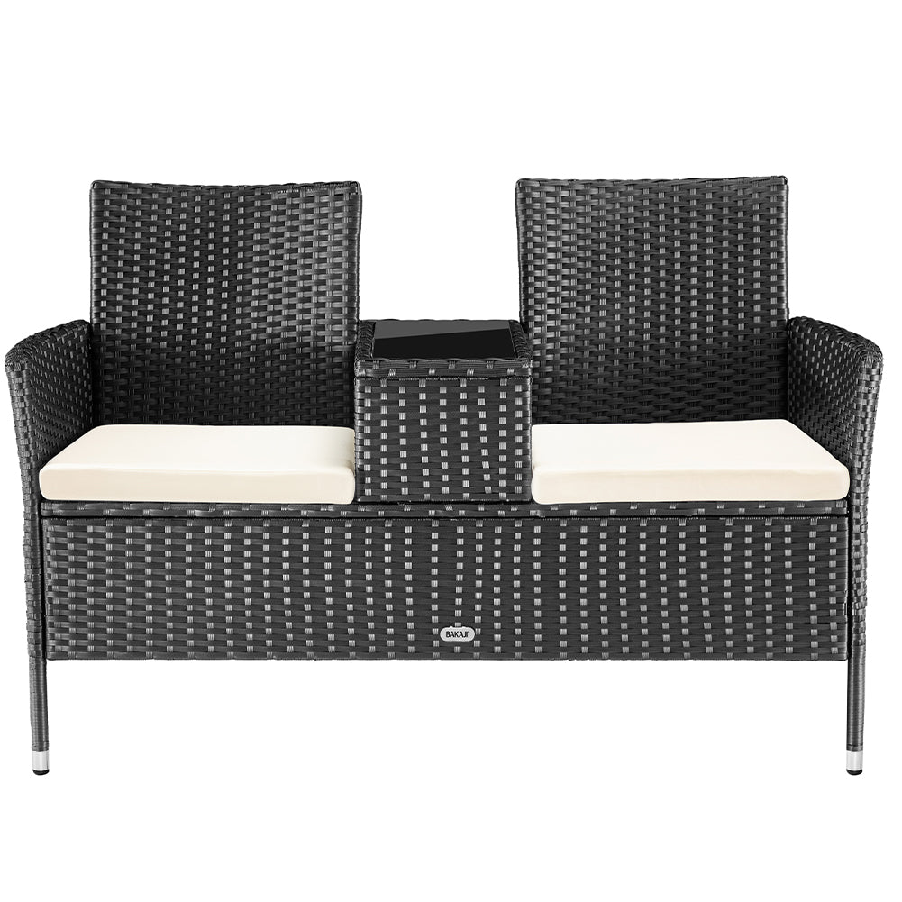 Divano Panca da Giardino Nero in Polyrattan Panchina Divanetto con Ripiano Vetro 5