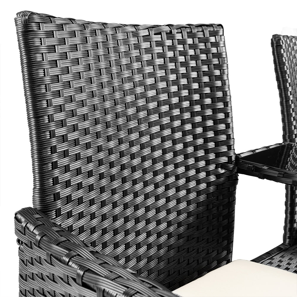 Divano Panca da Giardino Nero in Polyrattan Panchina Divanetto con Ripiano Vetro 3