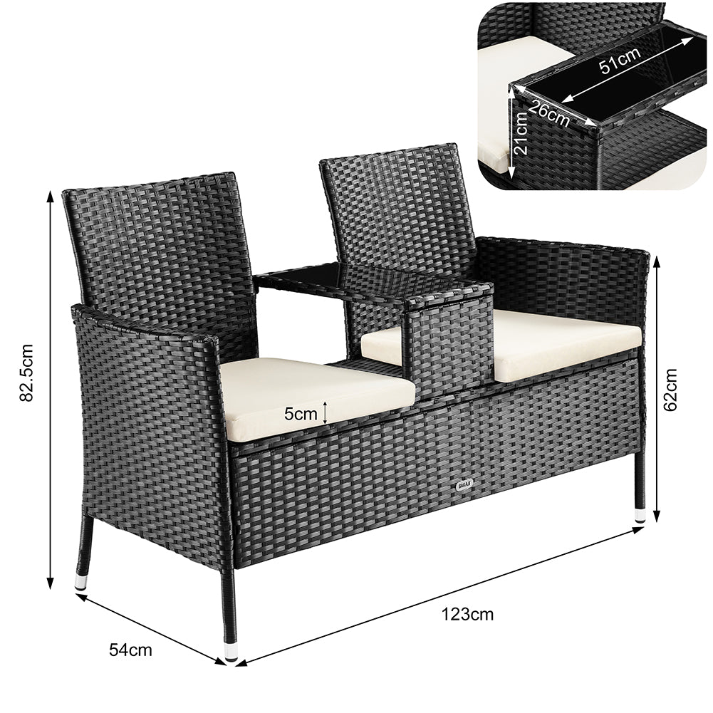 Divano Panca da Giardino Nero in Polyrattan Panchina Divanetto con Ripiano Vetro 4