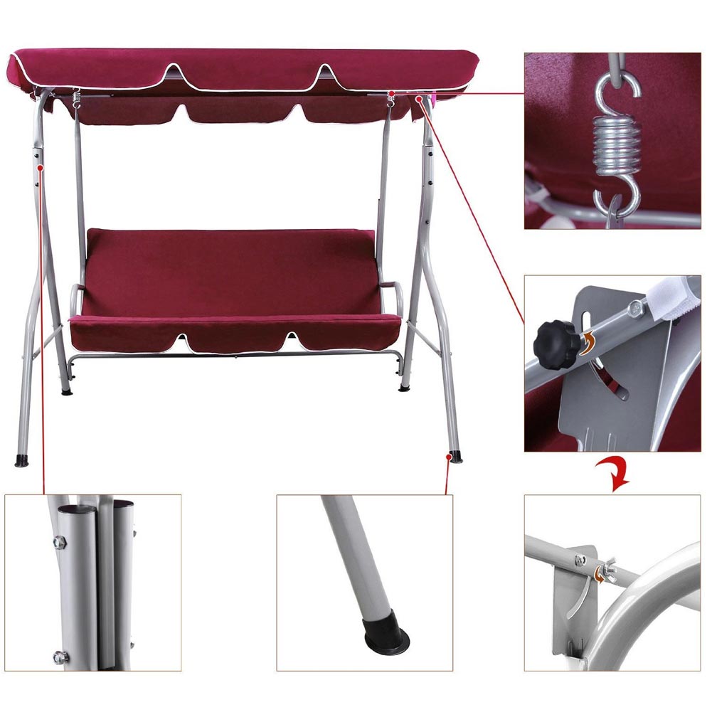 Dondolo da Giardino 3 Posti Altalena Esterno Acciaio + Tettuccio Rosso Bordeaux 3