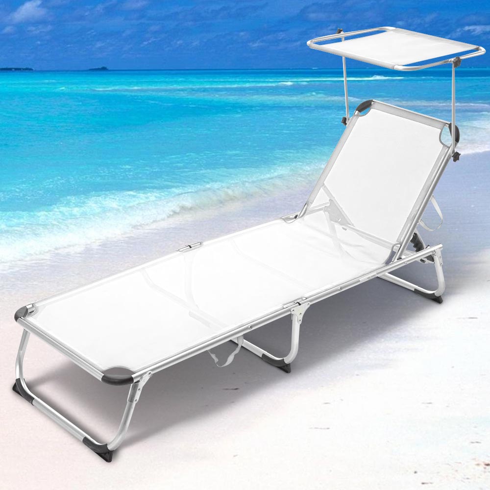 Lettino Prendisole con Tettuccio Parasole Sdraio Mare Bianco Alluminio Pieghevole - Arredo Esterno 2