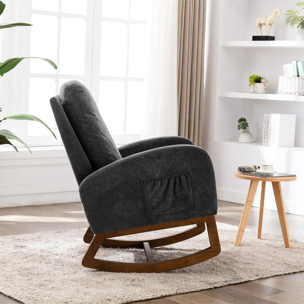 Poltrona a Dondolo Grigio in Tessuto Struttura in Legno Sedia Relax Dondolante 4