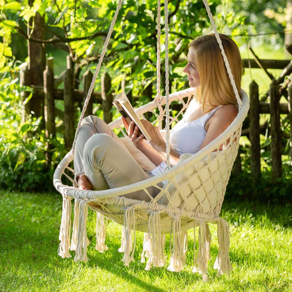 Poltrona Sospesa Giardino Tessuto Sedia Dondolo Pensile Amaca con Cuscino Beige 5