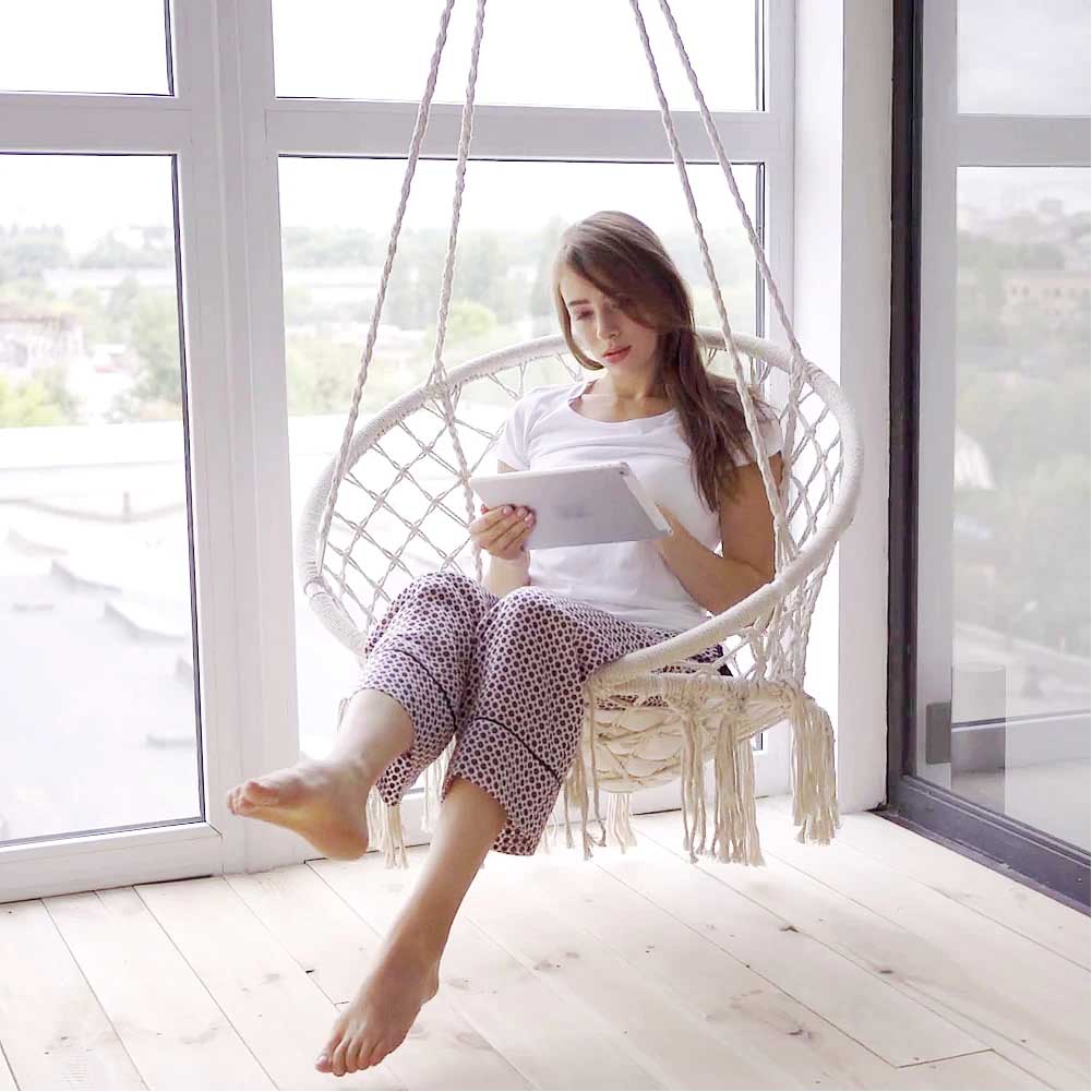 Poltrona Sospesa Giardino Tessuto Sedia Dondolo Pensile Amaca con Cuscino Beige 3