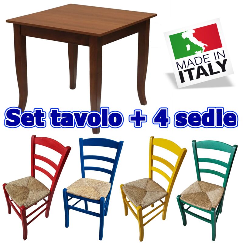 Set Tavolo Laminato 80x80 noce + 4 Sedie Paesana Paglia Colorate