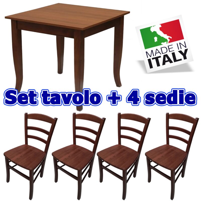 Set Tavolo Laminato 80x80 noce + 4 Sedie Paesana Massello Noce